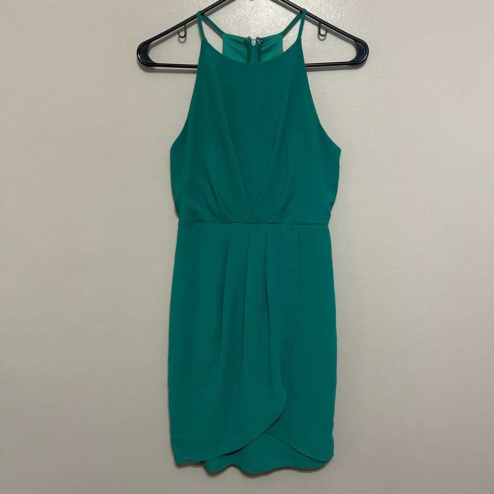 Lulus Mini Dress S Green Halter Tulip Wrap Crepe Cocktail Party Wedding Guest